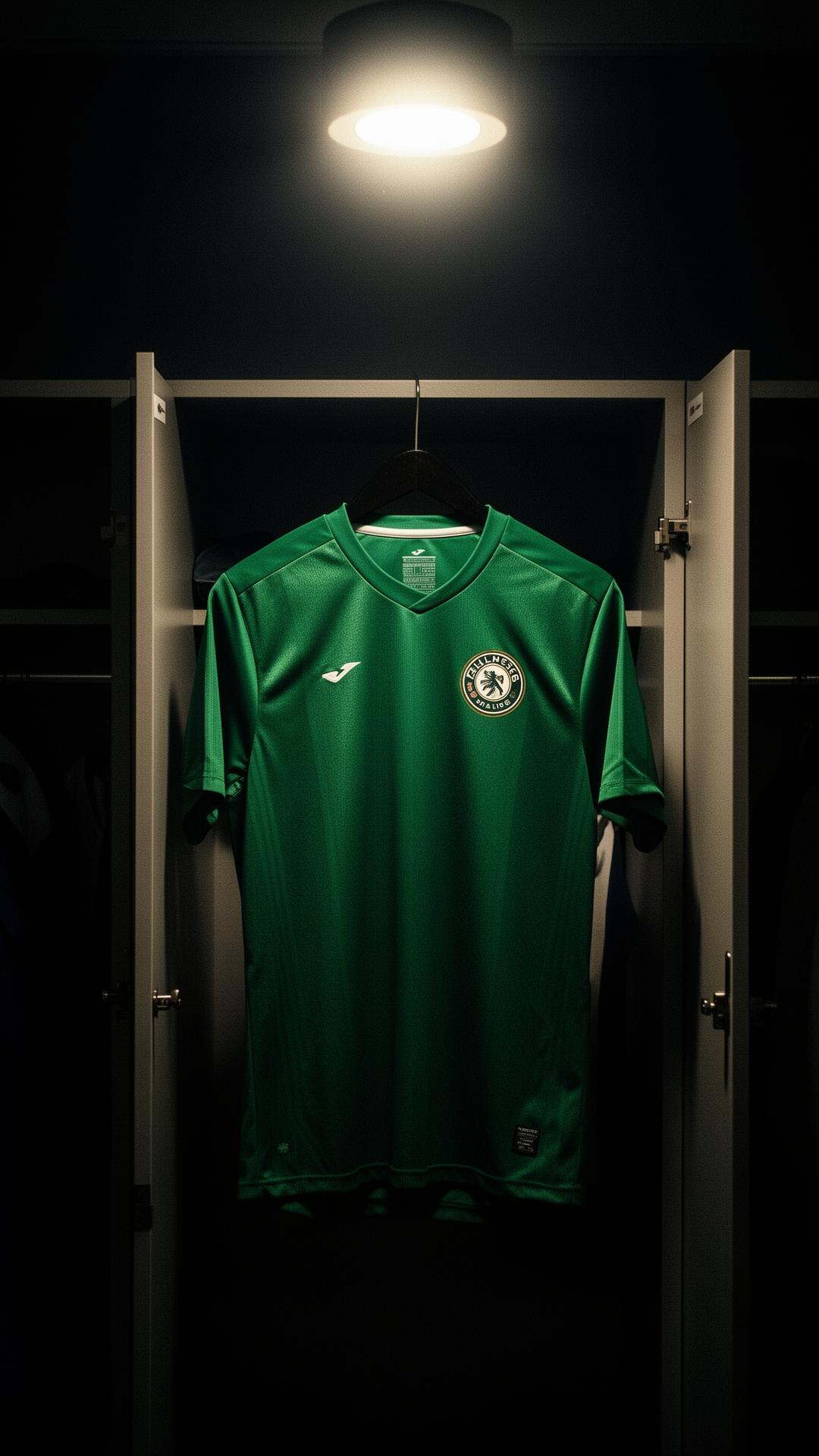 Jersey sepak bola premium di ruang ganti yang diterangi cahaya temaram